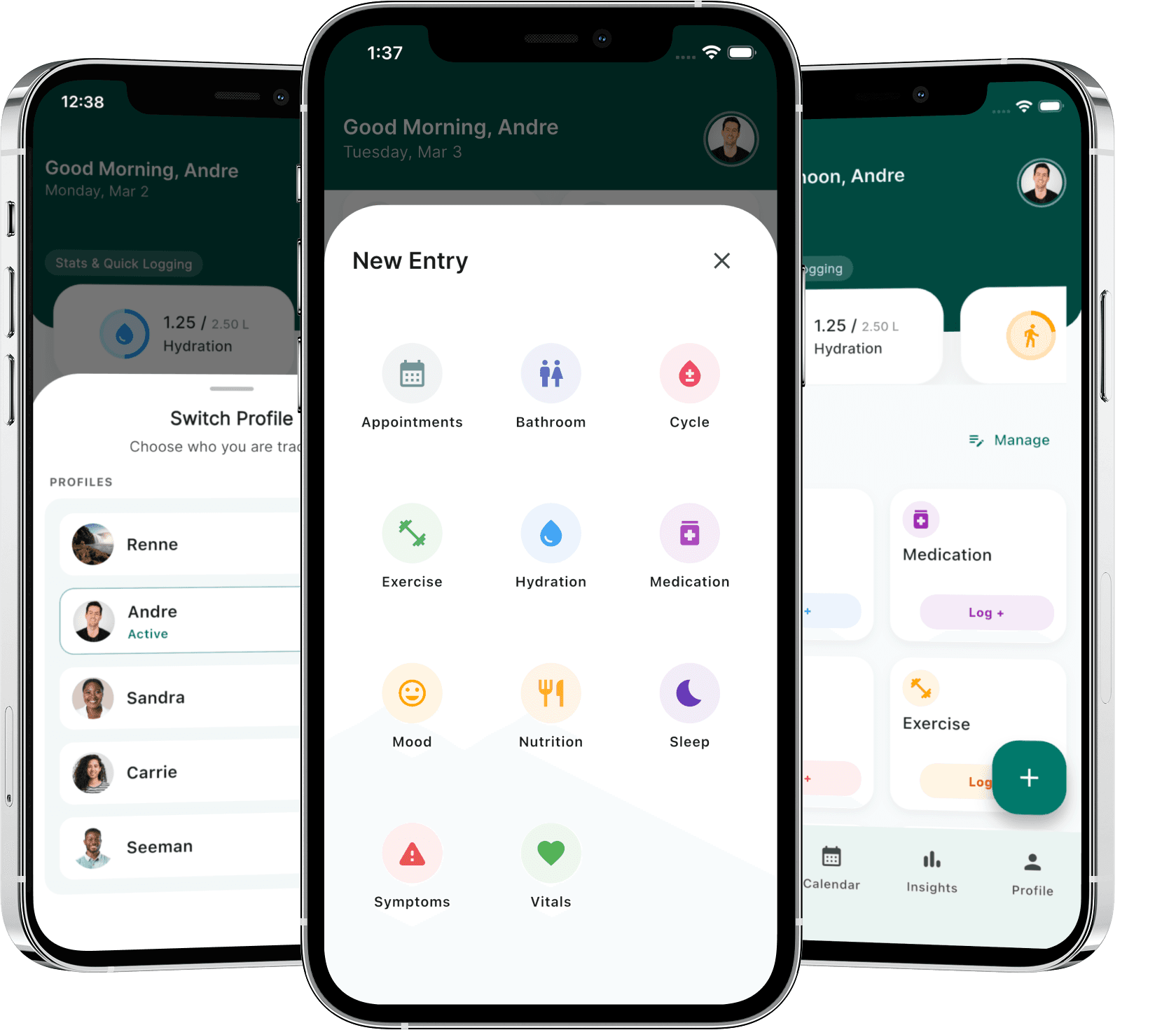Innios showing quick health logging, multiple profiles, and a personalized dashboard